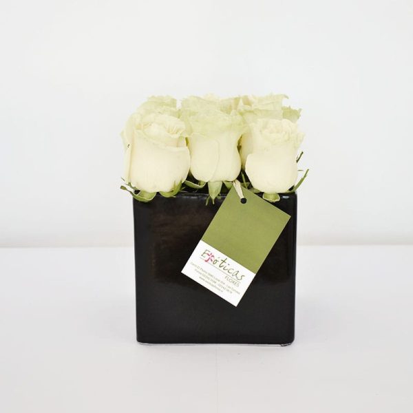 9 rosas blancas en cubo negro